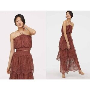 H&M Rust Brown‎ Cooper Lace 2 Piece Set Crop Top & Tiered Maxi Skirt Size 2 Boho